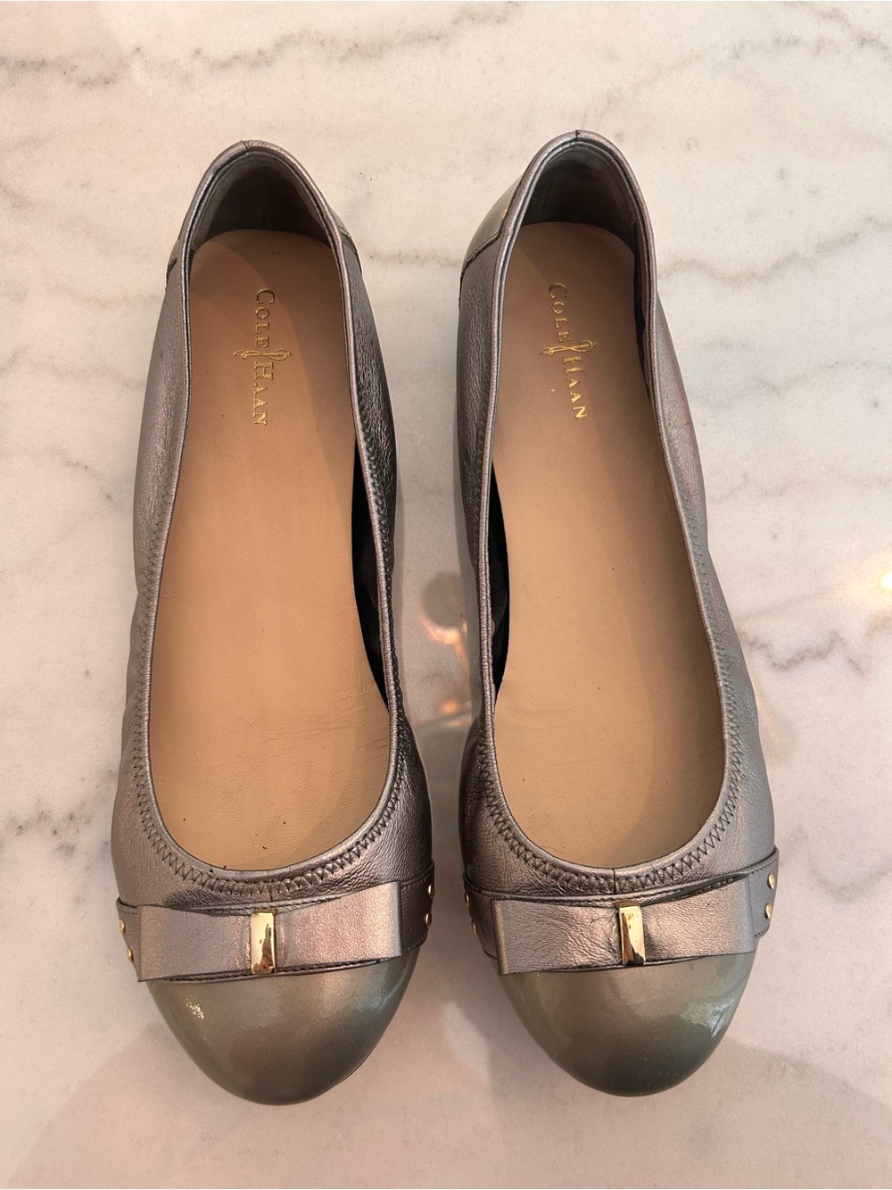 Cole Haan Silver Metallic Bow Cap-Toe Flats